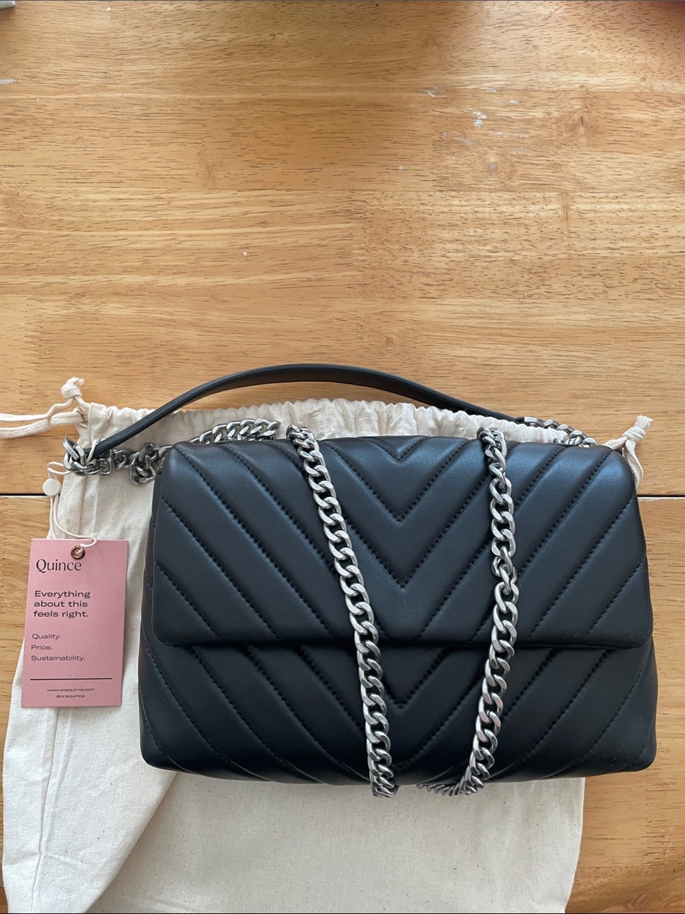 Quince Black Quilted Shoulder Bag with Silver Chain